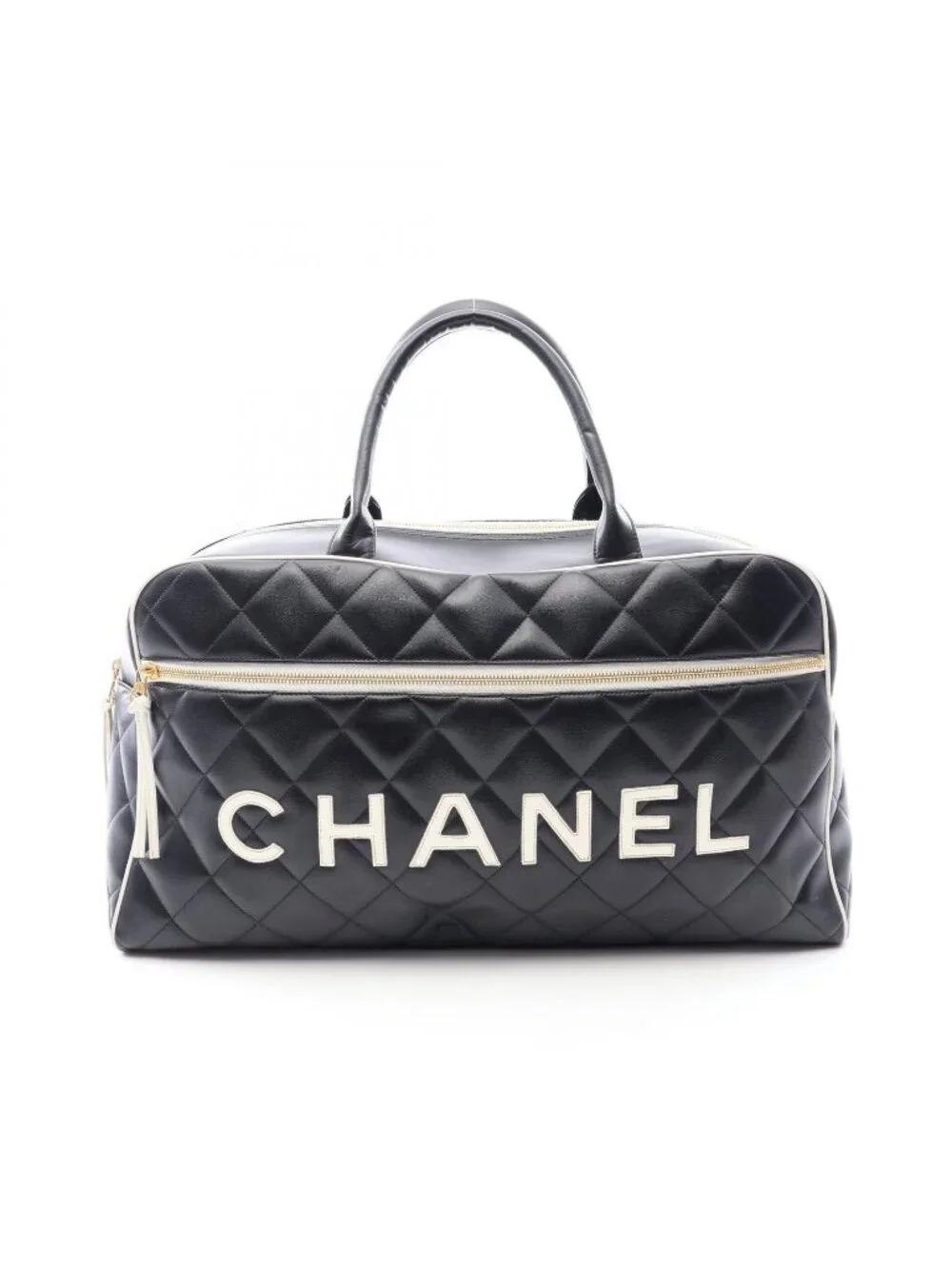 Chanel Boston Bag Quilted Logo Black Leather